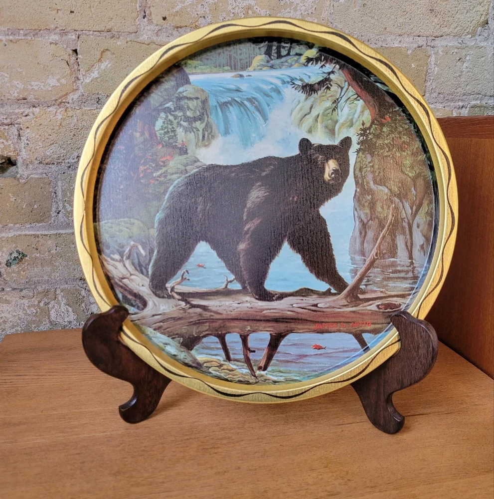 Vintage James L. Artig Wildlife Black Bear Waterfall Gold Tin Tray Platter 11